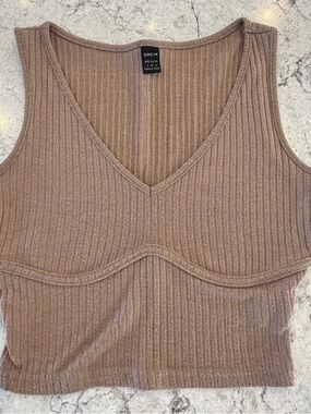 SHEIN Ribbed V-Neck Cropped Tank Top Taupe Brown Basic layering S